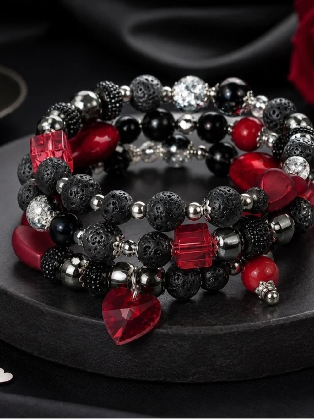Stainless steel red and black bead wire coil wrap handmade bracelet gift